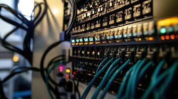 Network server rack with ethernet cables and flashing lights providing connectivity photo