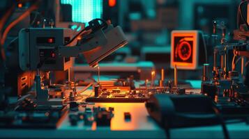 Robotic arm working on circuit board in modern factory photo