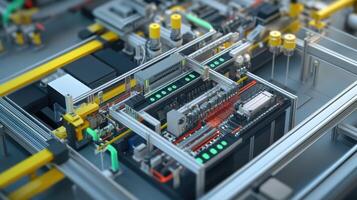 Automated assembly line operating in modern factory, technological marvel of manufacturing photo