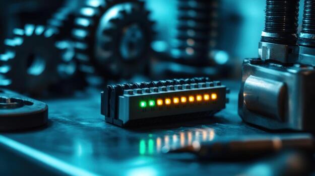 programable lógica controlador Sociedad Anónima en un fábrica demostración verde y naranja luces con engranajes en el antecedentes foto