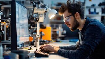 Robotics engineer programming automated machine in modern factory photo