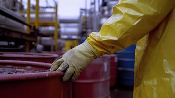 Chemist checking barrels of chemical products in chemical plant photo