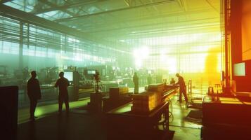 Engineers and workers managing production line in modern factory photo