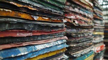 Stack of colorful and weathered printing plates showing signs of wear and tear photo