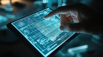 Engineer using futuristic transparent tablet showing blueprints in augmented reality environment photo