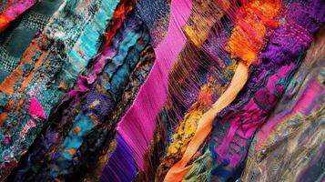 Colorful abstract textile art with hanging threads and various textures photo