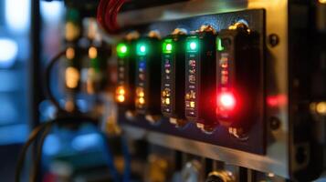 Electrical control panel showing multiple lights and switches operating in server room photo