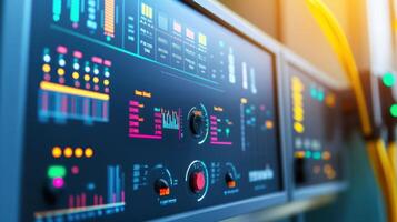 Control panel showing various colorful data and parameters in modern style photo
