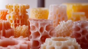 3d printed objects showing porous structures in various colors photo