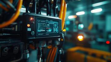 Futuristic control panel displaying data in a modern industrial factory photo