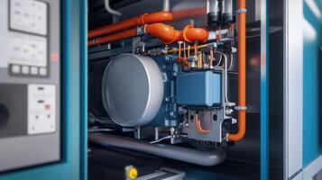 Industrial compressor showing its internal components and control panel photo