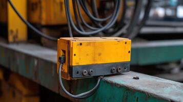 Yellow industrial sensor detecting metal objects on conveyor belt photo