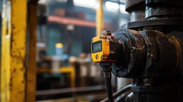 Yellow sensor monitoring industrial pipe in factory photo