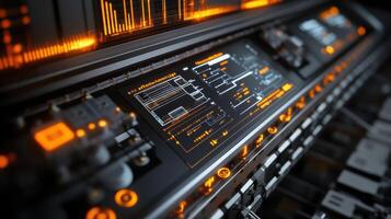Futuristic server room control panel showing real time data analysis and system diagnostics photo