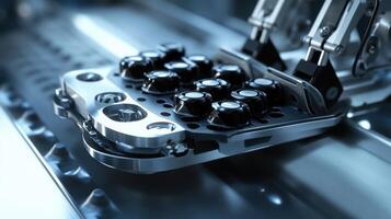 Robotic arm handling components on production line in modern factory photo