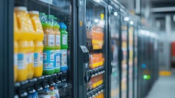 Vending machine stocked with colorful beverages in modern office setting photo