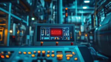 Manufacturing process displaying warning message on control panel in factory photo