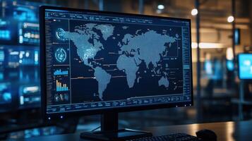 Computer screen showing world map and data analysis in monitoring room photo
