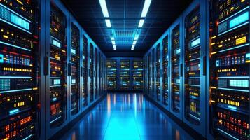 Server room hosting blinking led lights in data center photo