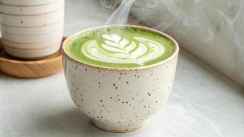 Enveloped in a subtle glow a textured palehued ceramic cup presents a smooth layer of matcha latte its vivid green hue reminiscent of spring leaves. Thin tendrils of steam. photo