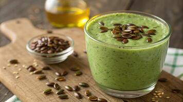 A close look at the emeraldgreen smoothie reveals tiny fibers from blended fruits dancing alongside the smooth texture. Flaxseeds create a rustic charm on the surface while. photo