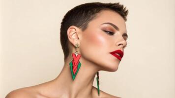 A confident woman with short hair and a bold lip color wears striking asymmetrical earrings featuring a mix of sharp shapes in vivid red and green. The soft cream background makes. photo