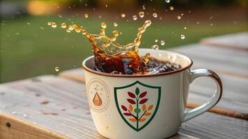 The vibrant hues of ashwagandha tea spill over the rim of an artisanal cup droplets caught midair. Beneath the cup a vivid shield graphic composed of intertwining plants. photo