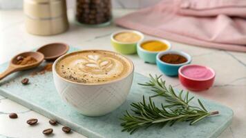 The camera zooms in on the frothy surface of a latte where artistic patterns blend with subtle hints of earthiness. Surrounding the drink colorful es in small bowls a sprig. photo