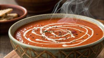 A closeup of thick velvety tomato soup in a handcrafted ceramic bowl adorned with a drizzle of cream that swirls into intricate patterns. Tiny flecks of cracked black pepper. photo