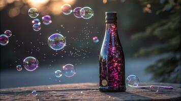 A closeup angle highlights a sleek bottle where the vibrant sparkling contents appear to be alive. Opaque probiotic bubbles together shimmering like jewels inside the dark. photo