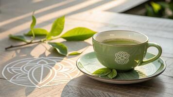 A meticulously arranged setting shows a green tea cup with a delicate saucer adorned with fresh green leaves beside it. Flanking the cup is a faint overlay of a pressure. photo