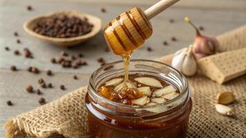 A closeup reveals the intricate patterns of a glass honey dipper suspended over a jar packed with garlicinfused honey. The honeys texture appears thick and glossy while the. photo