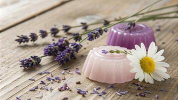 An intimate image showcases two herbal gummies p atop a rustic wooden surface with one gummy resembling a lavender bud and the other a chamomile flower. The soft glistening. photo