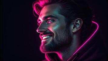 A dramatic composition where the left side of a face is illuminated by vivid pink neon light. The glow highlights a strong jawline and a confident smirk while the right side. photo