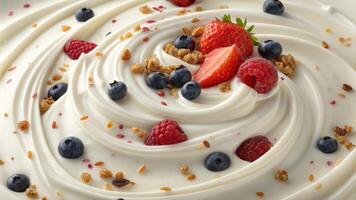 A dynamic macro shot of swirling yogurt its creamy texture punctuated by flecks of fresh berries and granola. Each element captures the idea of probiotics at work with the. photo