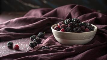 A richly textured cloth serves as the backdrop for a pile of dark berries nestled in a minimalist bowl. Radiant skin symbols softly illuminate the scene with a gentle glow. photo