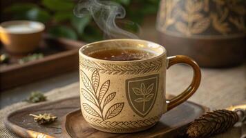 Close up of a handcrafted ceramic mug filled with deep golden ashwagandha tea its surface shimmering slightly as steam rises. Intricate patterns of leaves swirl around a. photo