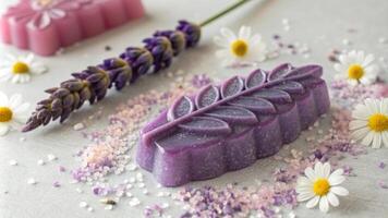 A detailed image focusing on a gummy shaped like a lavender sprig showcasing its tantalizing texture and alluring color gradient from deep violet to soft lilac. Surrounding. photo