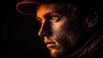 A dramatic portrait showing the lower half of the face in shadow with the upper half illuminated in a striking orange neon light that draws attention to the eyes revealing a. photo