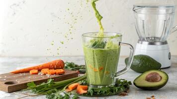 A beautifully composed image features a smoothie blending in a highspeed blender vibrant green hues swirling together with flecks of bright orange carrot and rich avocado. A. photo