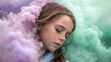 A delicate and whimsical portrait of a girl with freckles her face partially obscured by swirling lilac and mint smoke. The colors intertwine like a soft dream giving the piece an. photo
