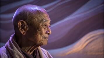 A closeup of an elderly mans wise face gently illuminated by soft violet neon. The abstract background features flowing shapes in calming earth tones that suggest depth and a rich. photo