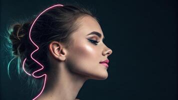 A chic profile view with a sleek neon outline that draws attention to the subtle nuances of the face enhancing the beauty of the eyes and the gentle smile.. photo