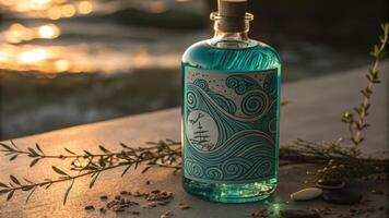 A dramatic closeup reveals the intricate label design on the bottle showcasing swirling patterns reminiscent of calming ocean waves. The liquid inside glows a tranquil teal. photo