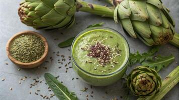 The lush green smoothie adorned with a sprinkle of seeds on top exudes freshness. Surrounding it chicory roots twist and curve in intricate patterns resembling natures art.. photo