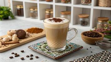 A creamy latte swirls with earthy tones its frothy top adorned with a sprinkle of chocolate dust. It sits on an intricately patterned coaster amidst tered coffee beans and a. photo