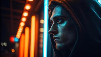 A dramatic portrait of a face where one half is shrouded in dark shadows emphasizing the contours and structure while the other half is uplifted by brilliant neon orange and blue. photo
