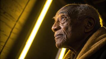 A closeup of an elderly man with deepset eyes illuminated by bright yellow neon light that highlights the wrinkles and textures of his skin. The surrounding shadows create a somber. photo