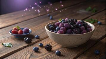 A rustic wooden table hosts a ceramic bowl b with deep purple and black berries each one exuding freshness. Above the bowl iridescent luminescent symbols of flawless skin. photo