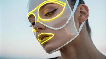 A closeup shot captures a person wearing a translucent face mask with a bold neon yellow glow. The bright outline emphasizes their lips and eyes creating a striking contrast. photo